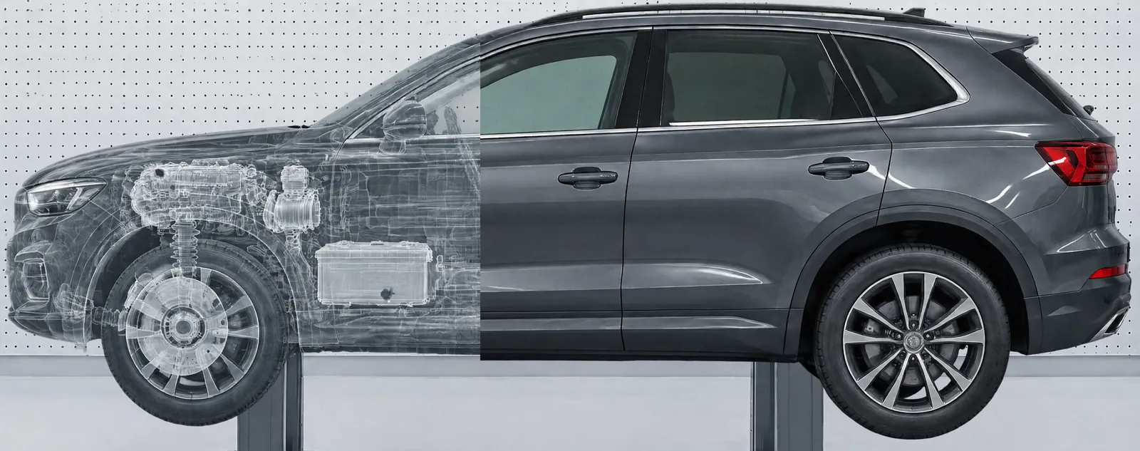 SUV auf der Hebebühne, die vordere Hälfte als Röntgenbild mit Motor, Klimakompressor, Bremse und Batterie