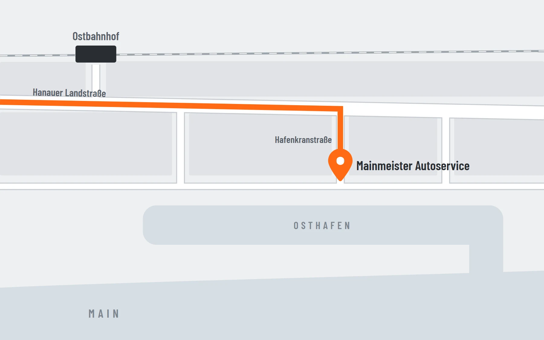 Kartenskizze: vom Ostbahnhof über die Hanauer Landstraße in die Hafenkranstraße am Osthafen