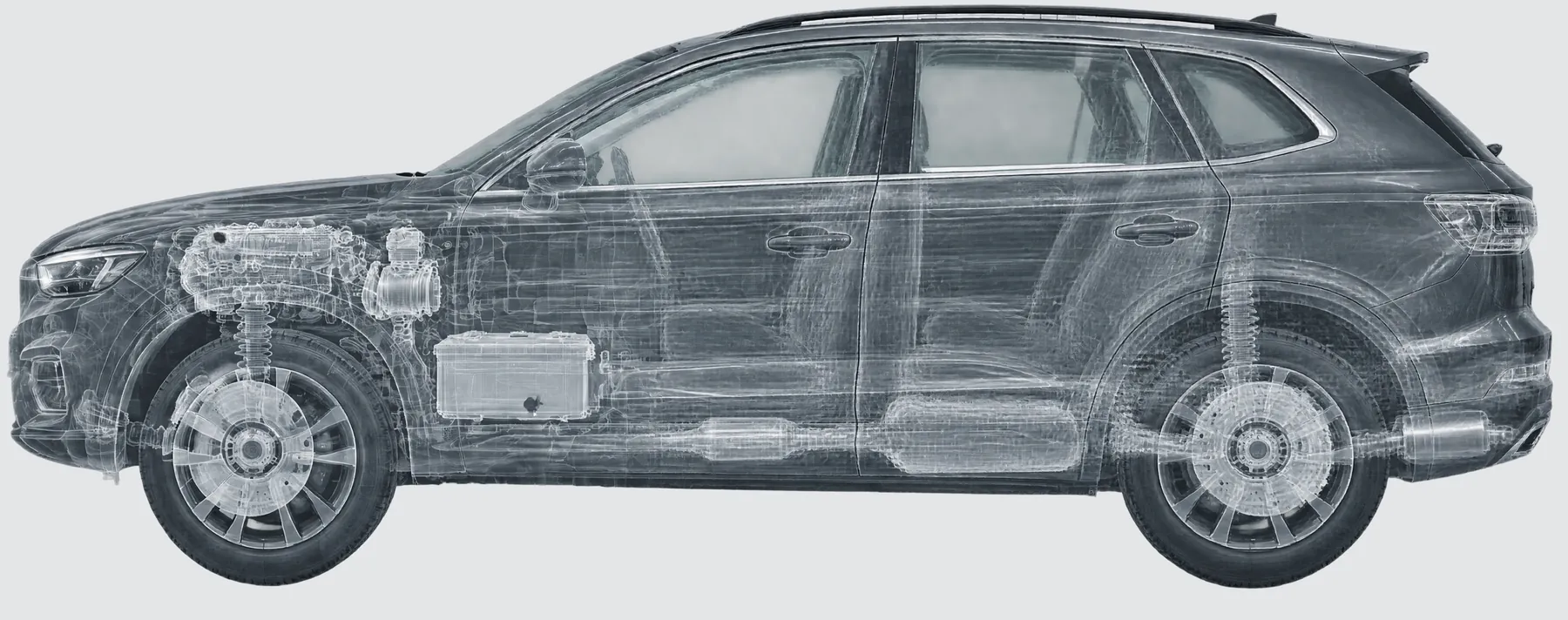 Röntgenansicht des SUV mit Motor, Klimakompressor und Batterie